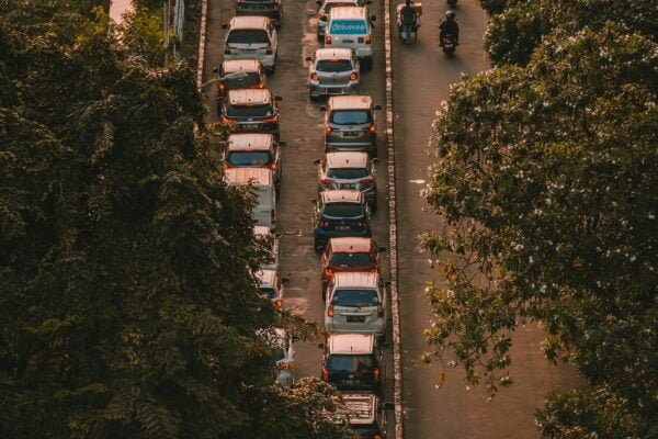 aerial view of a traffic on a city street