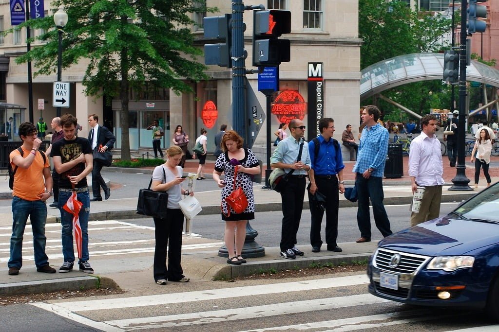 pedestrians and cars
